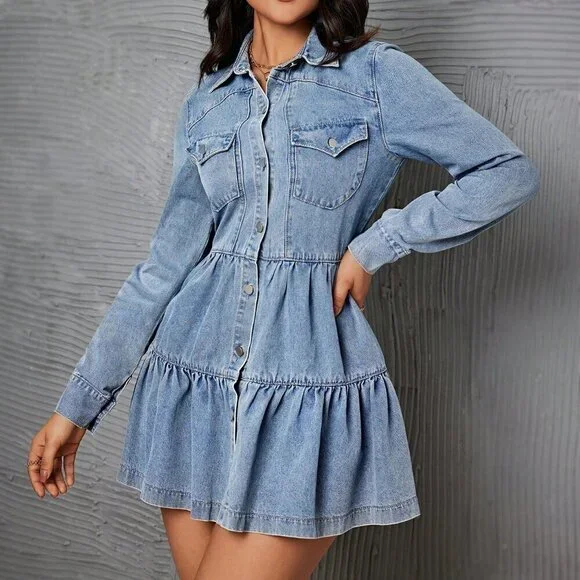 Light Wash Casual Women's long sleeved Waist-Cinching Denim Mini Dress - Picture 5 of 5